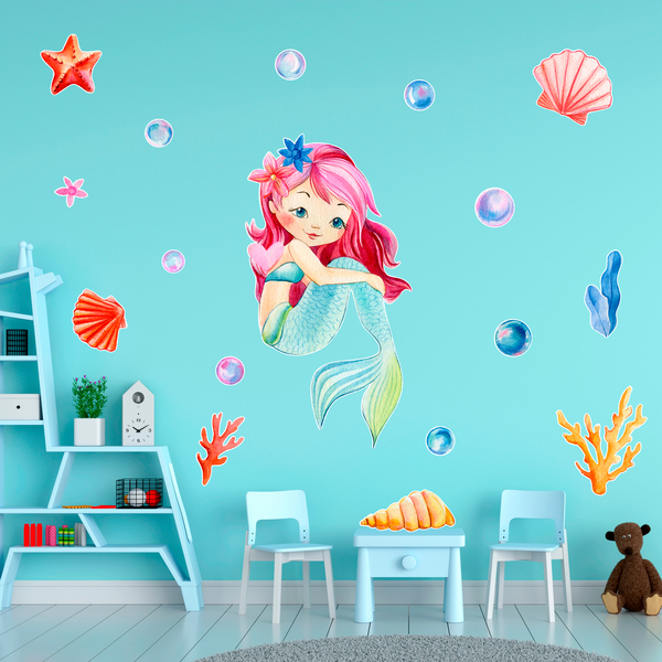 Kinderzimmer Wandtattoo: Rothaarige Meerjungfrau