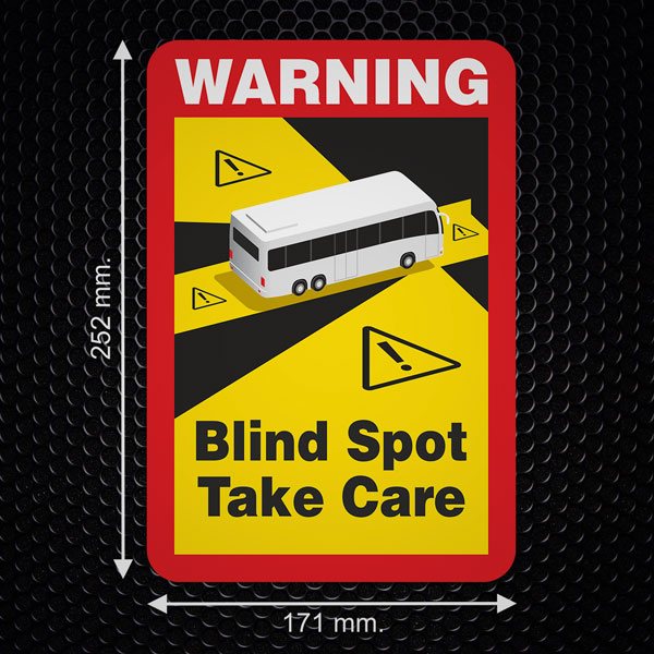 Aufkleber: Warning, Blind Spot Take Care Bus