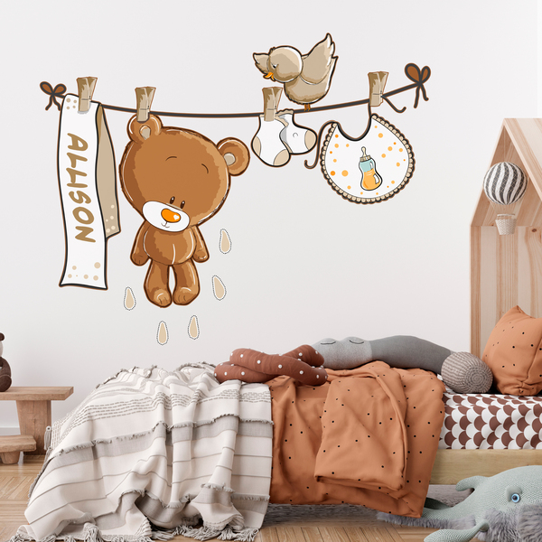 Kinderzimmer Wandtattoo: Teddybär auf eine Clothesline neutral von namen