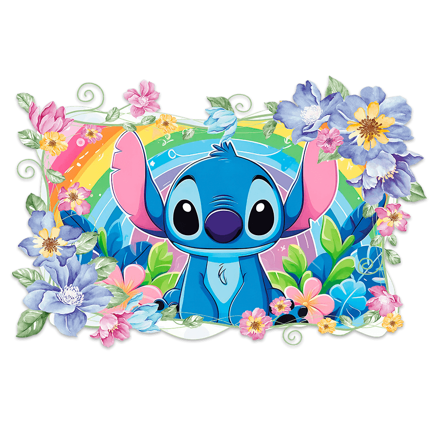 Kinderzimmer Wandtattoo: Stitch Regenbogen & Blumen