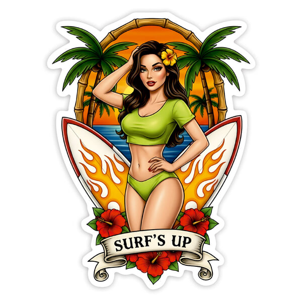 Aufkleber: Surf’s Up Pin-Up Tropical