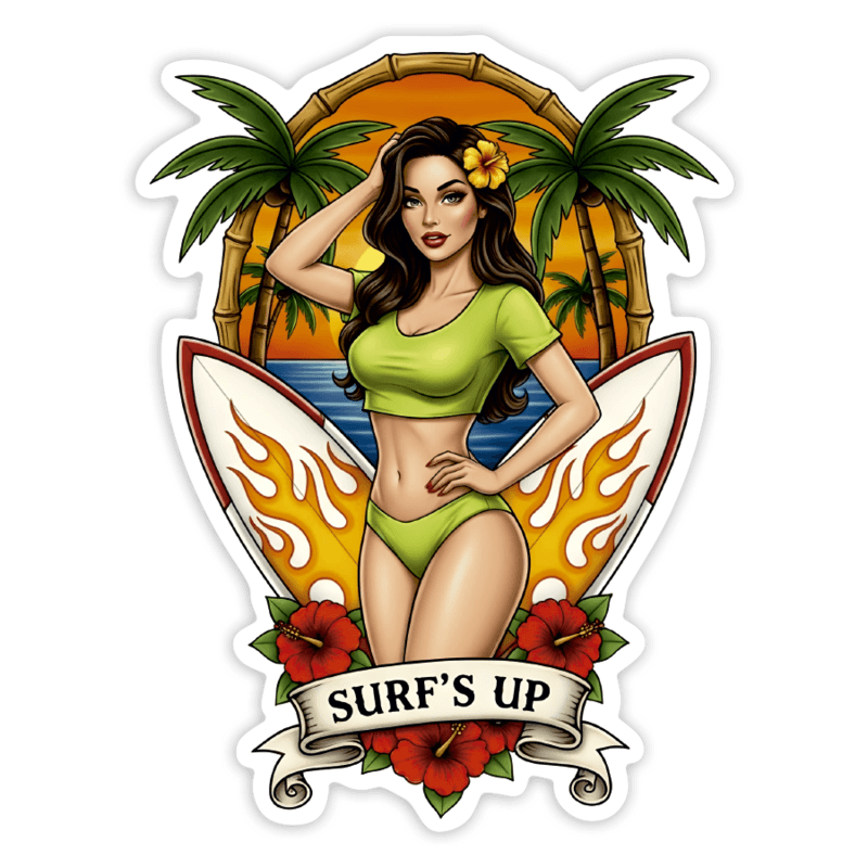 Aufkleber: Surf’s Up Pin-Up Tropical