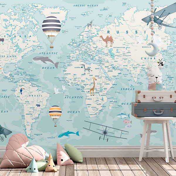 Fototapeten: Weltkarte Flugzeuge und Globen 0