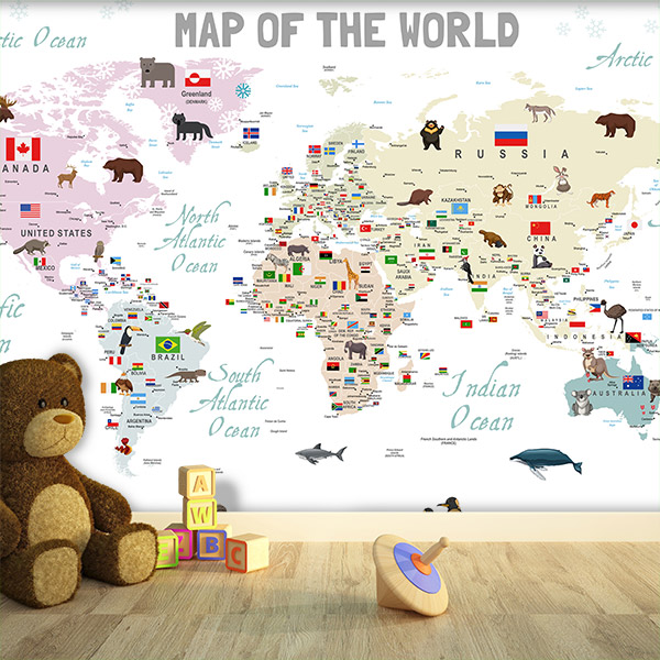 Fototapeten: Weltkarte für Kinder mit Flaggen und Tieren 0