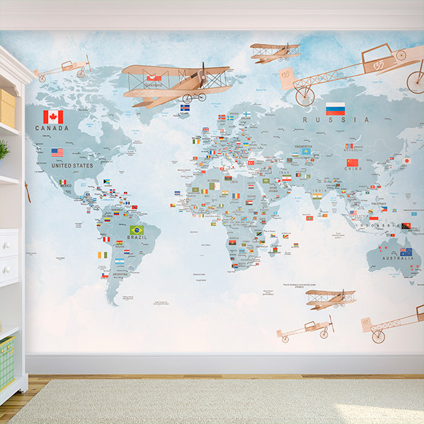 Fototapeten: Weltkarte für Kinder mit Flaggen und Flugzeugen 0