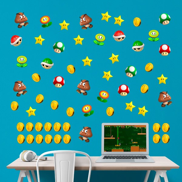 Kinderzimmer Wandtattoo: Set 60X Mario Bros Zeichen und Münzen