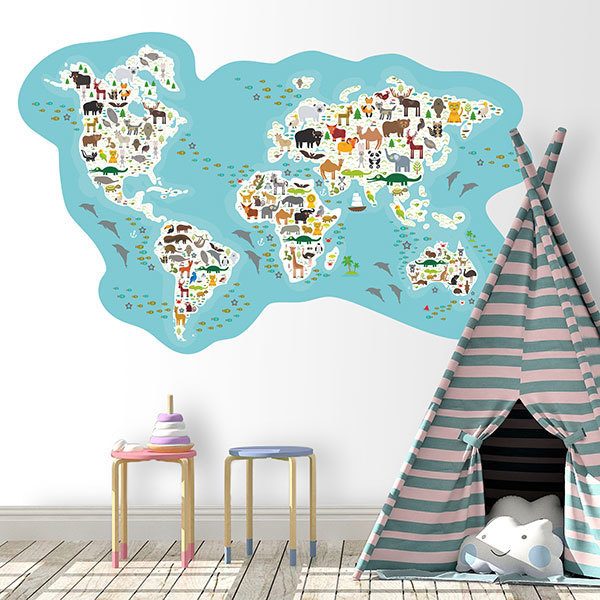 Kinderzimmer Wandtattoo: Weltkarte der Haupttiere