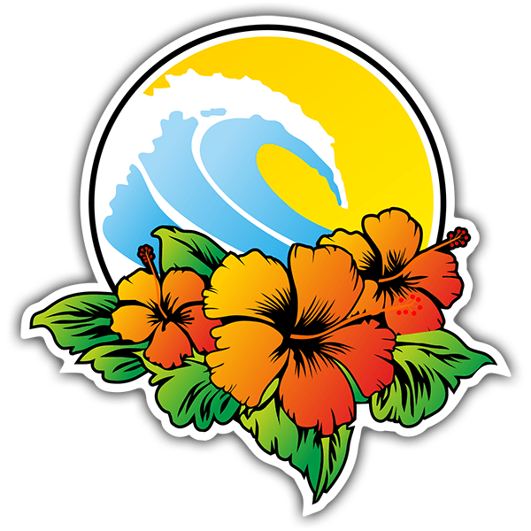 Aufkleber: Hawaiianische Blumen und Surfwelle