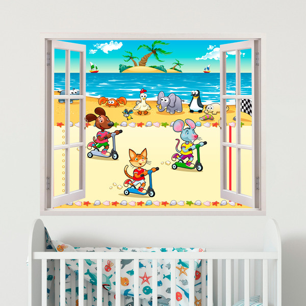 Kinderzimmer Wandtattoo: Fenster Rennen am Strand