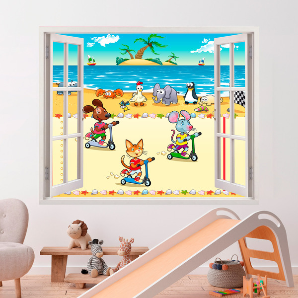 Kinderzimmer Wandtattoo: Fenster Rennen am Strand 5