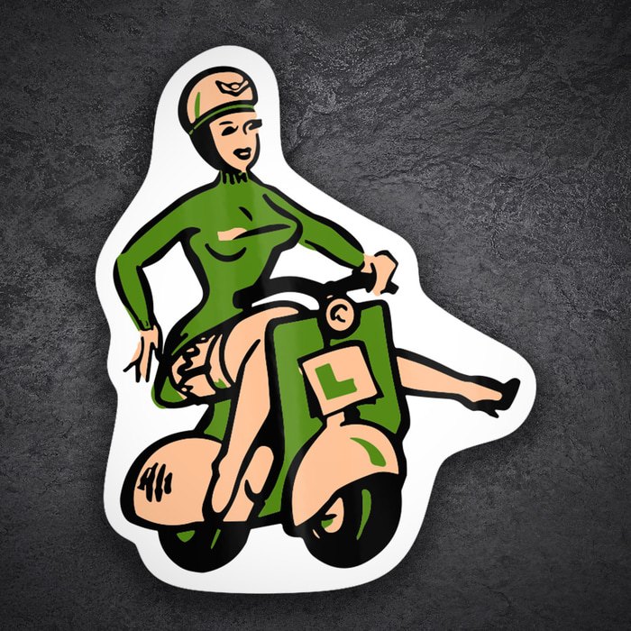 Aufkleber: Retro-Mädchen auf Grüner Vespa