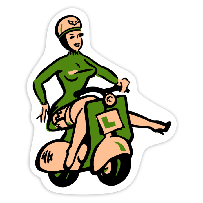 Aufkleber: Retro-Mädchen auf Grüner Vespa