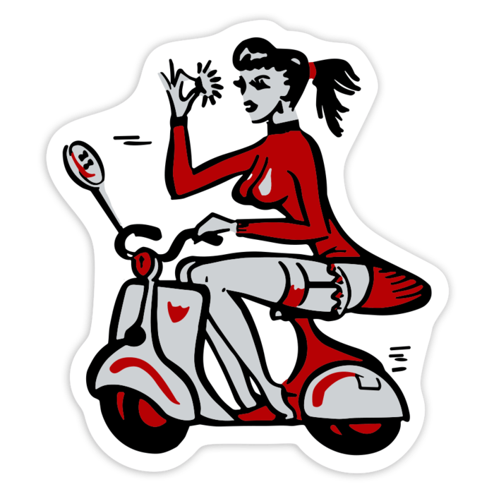 Aufkleber: Mädchen auf Vespa mit OK-Geste