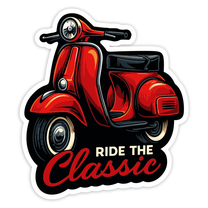 Aufkleber: Rote Klassische Vespa Ride the Classic