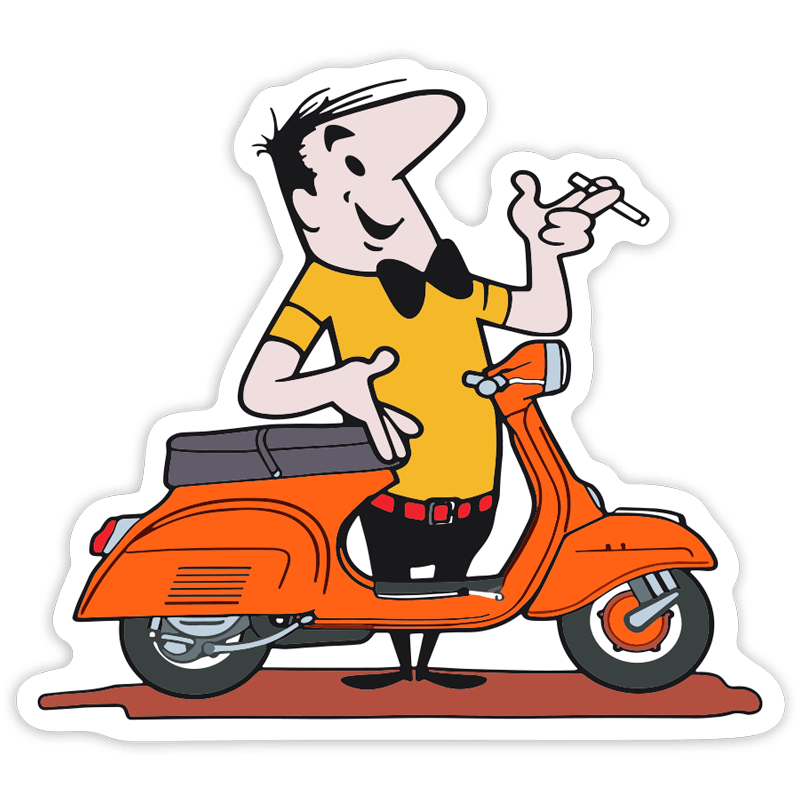 Aufkleber: Cartoon Mann mit Orangefarbener Vespa