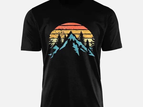 Schwarzes T-Shirt mit Berg und Retro-Sonnenuntergang