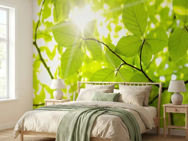 Fototapete grüne Blätter im Gegenlicht in einem Schlafzimmer