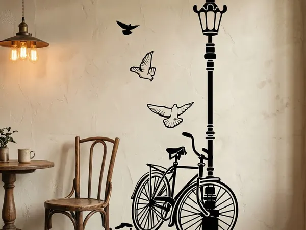 Wandtattoo Fahrrad mit Laterne und Tauben an einer Wand