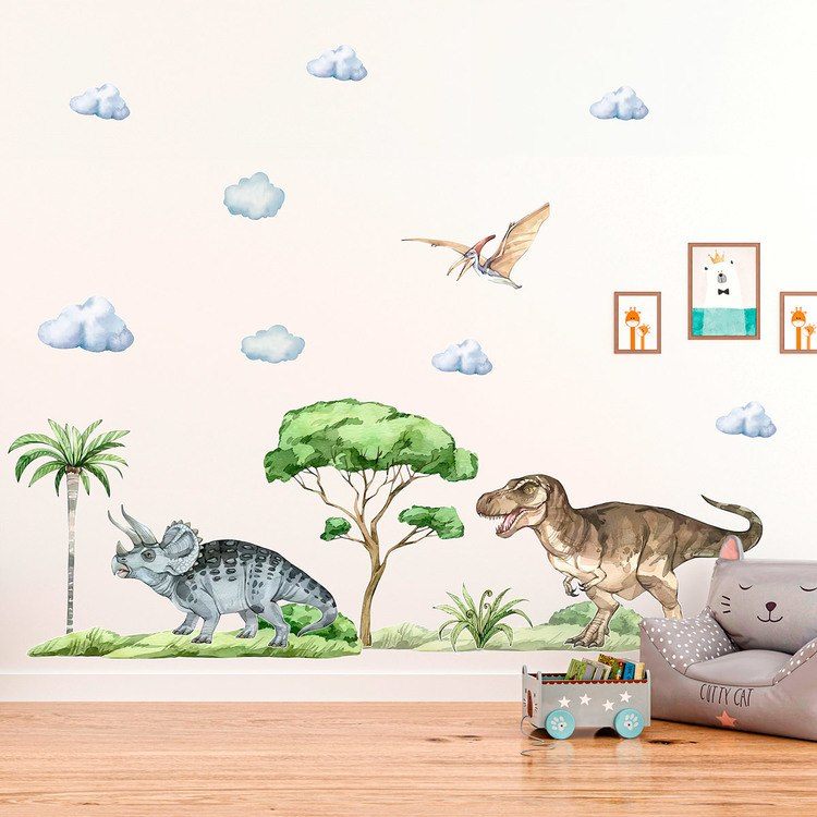 Kinderzimmer Wandtattoo: Dinosaurier auf Jurassic-Abenteuer mit Wolken und