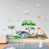 Kinderzimmer Wandtattoo: Dinosaurier auf Jurassic-Abenteuer mit Wolken und 3