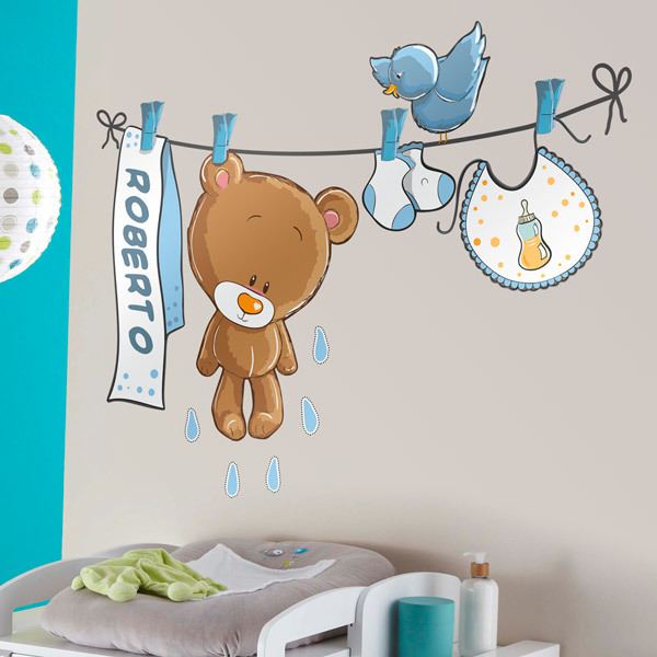 Kinderzimmer Wandtattoo: Teddybär auf eine Clothesline blauen von namen