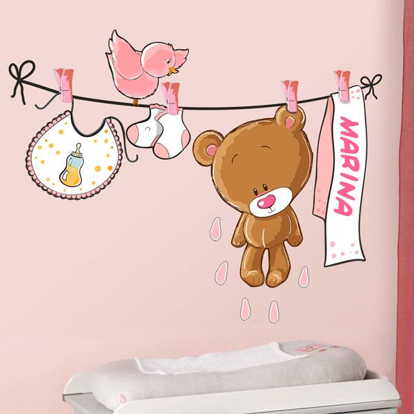 Kinderzimmer Wandtattoo: Teddybär auf eine Clothesline rosa von namen