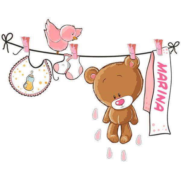 Kinderzimmer Wandtattoo: Teddybär auf eine Clothesline rosa von namen