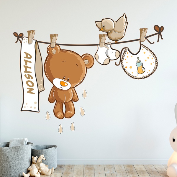 Kinderzimmer Wandtattoo: Teddybär auf eine Clothesline neutral von namen