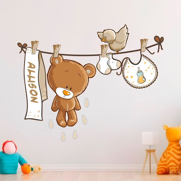 Kinderzimmer Wandtattoo: Teddybär auf eine Clothesline neutral von namen