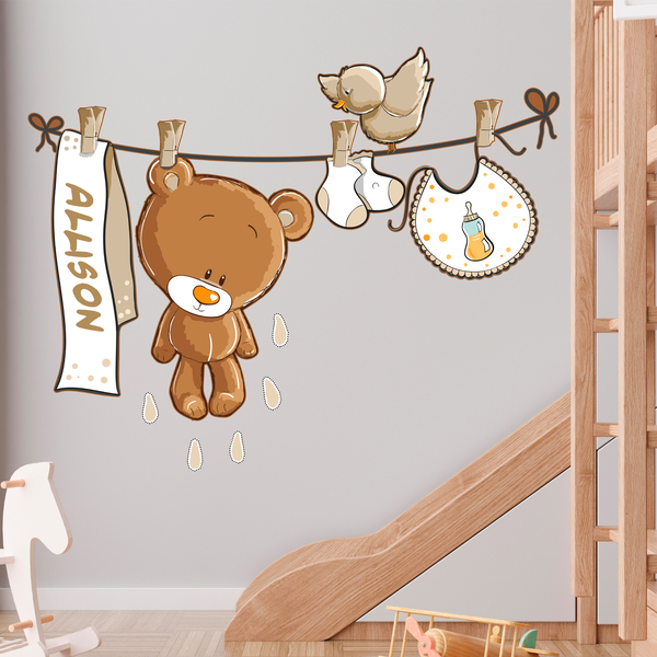 Kinderzimmer Wandtattoo: Teddybär auf eine Clothesline neutral von namen