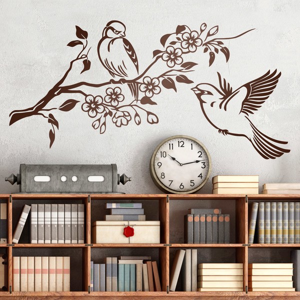 Wandtattoos: Paar Vögel auf Zweig und Blumen