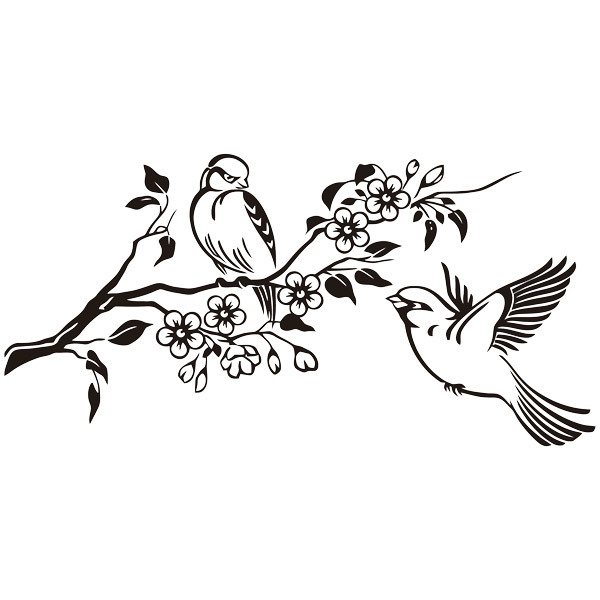 Wandtattoos: Paar Vögel auf Zweig und Blumen
