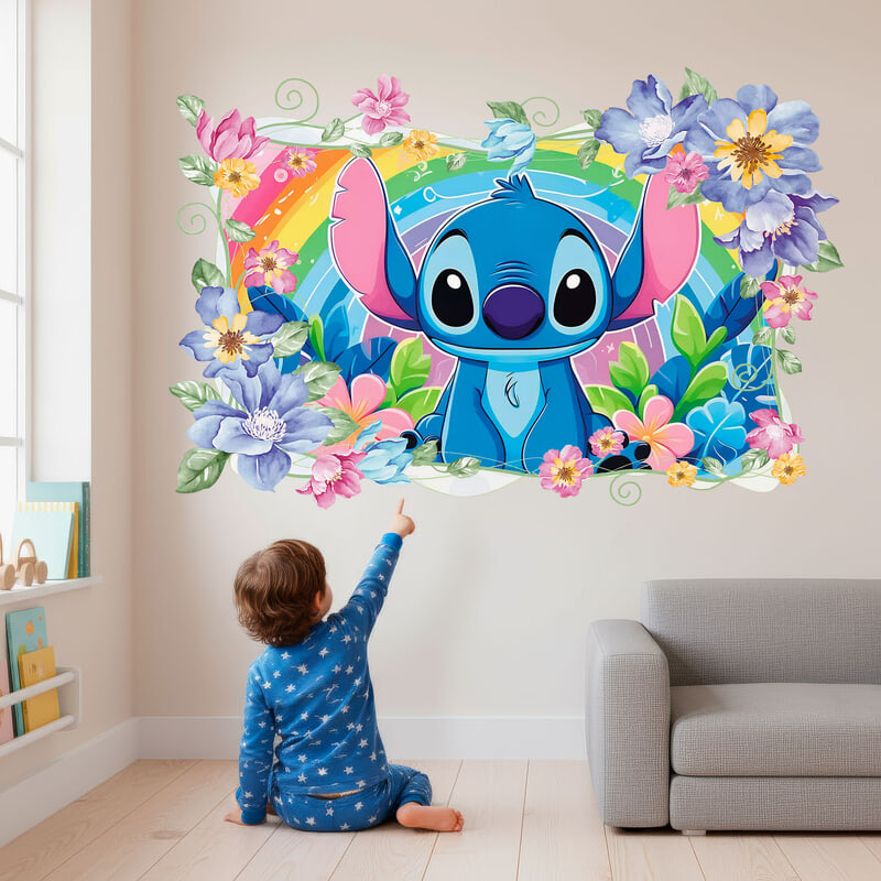 Kinderzimmer Wandtattoo: Stitch Regenbogen & Blumen