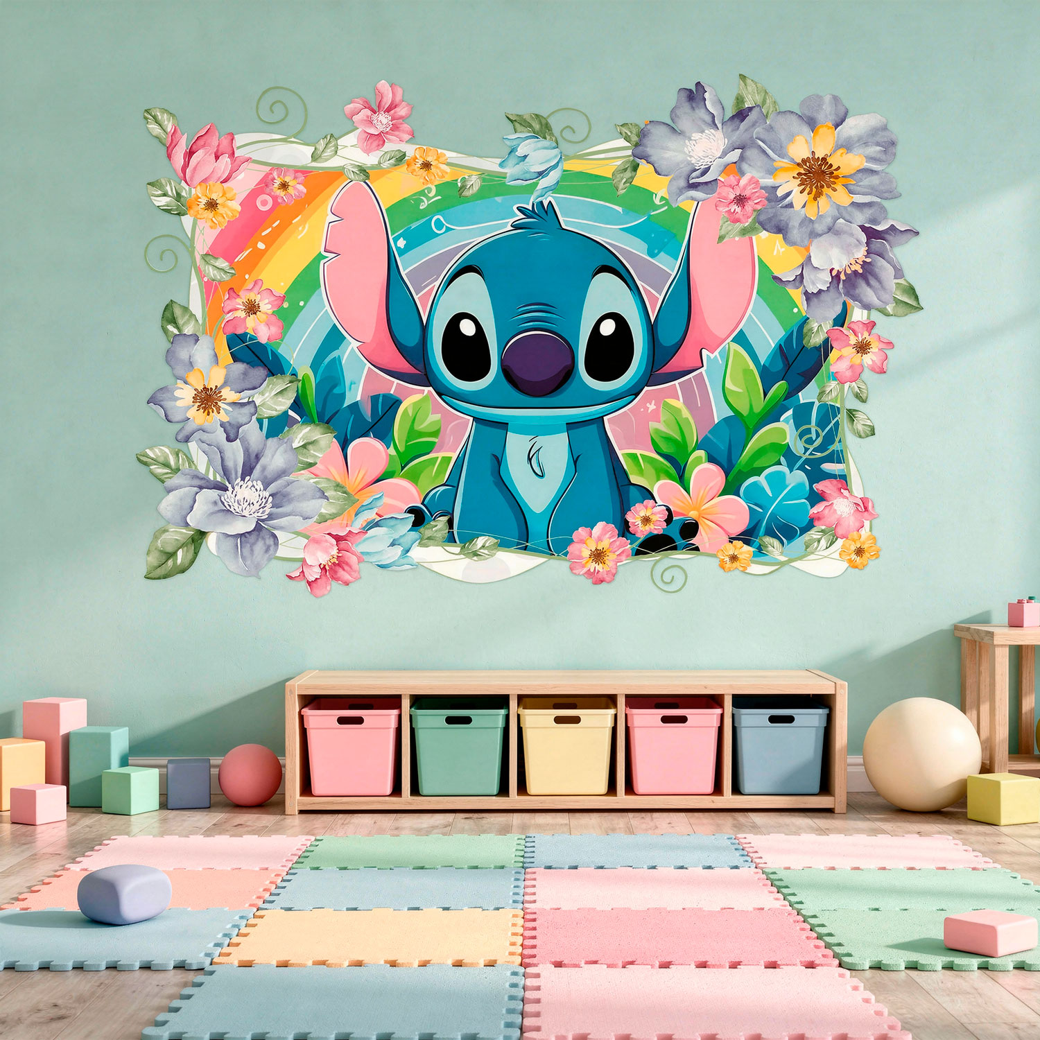 Kinderzimmer Wandtattoo: Stitch Regenbogen & Blumen