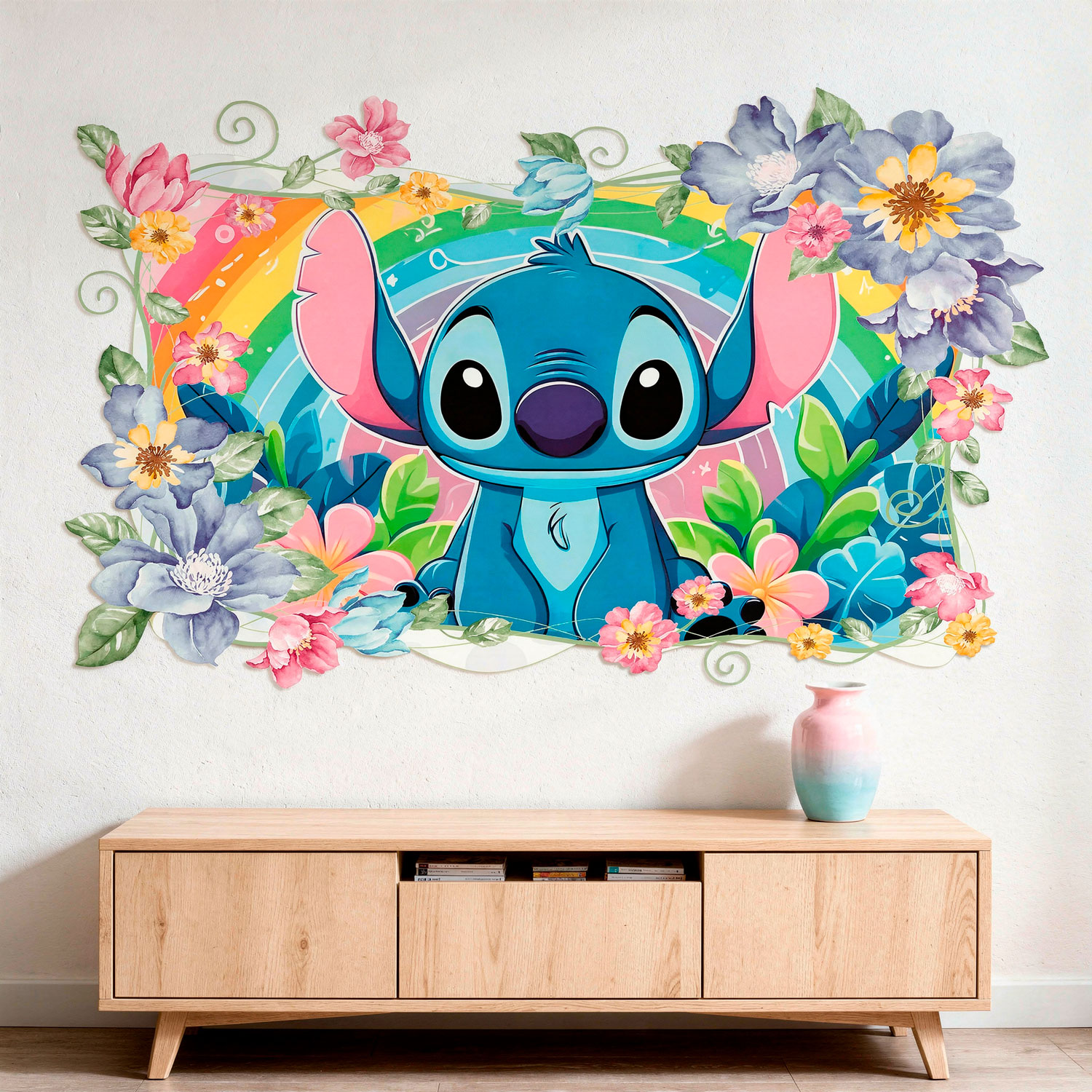 Kinderzimmer Wandtattoo: Stitch Regenbogen & Blumen