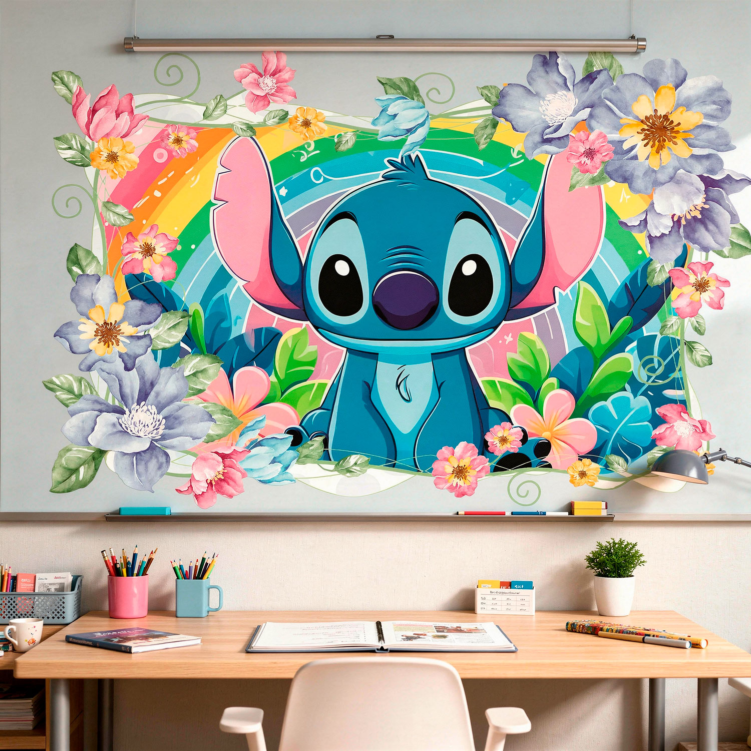 Kinderzimmer Wandtattoo: Stitch Regenbogen & Blumen