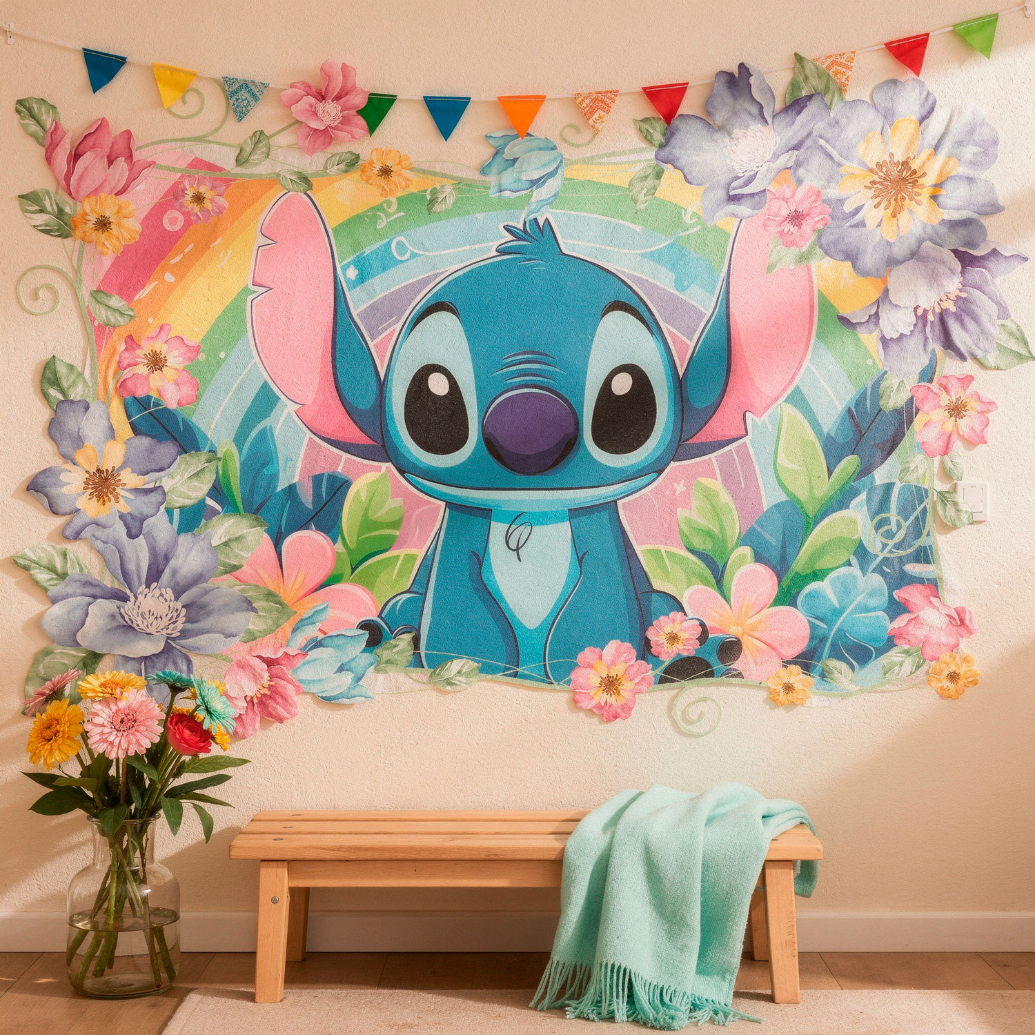 Kinderzimmer Wandtattoo: Stitch Regenbogen & Blumen