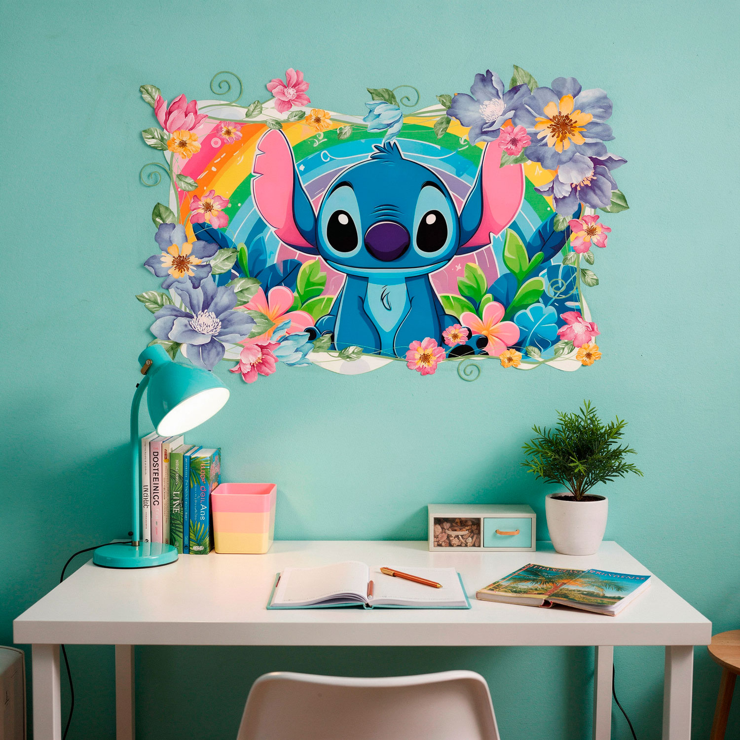 Kinderzimmer Wandtattoo: Stitch Regenbogen & Blumen