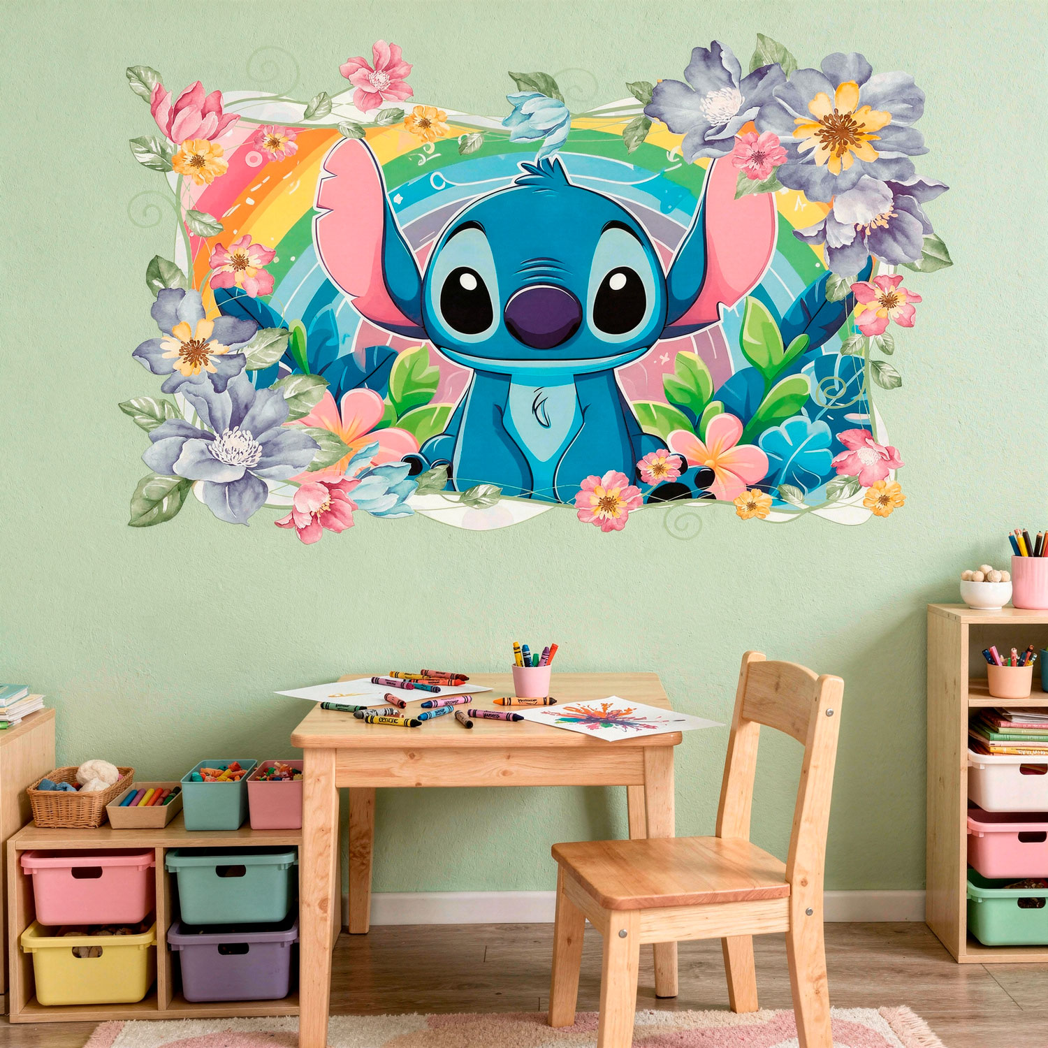 Kinderzimmer Wandtattoo: Stitch Regenbogen & Blumen