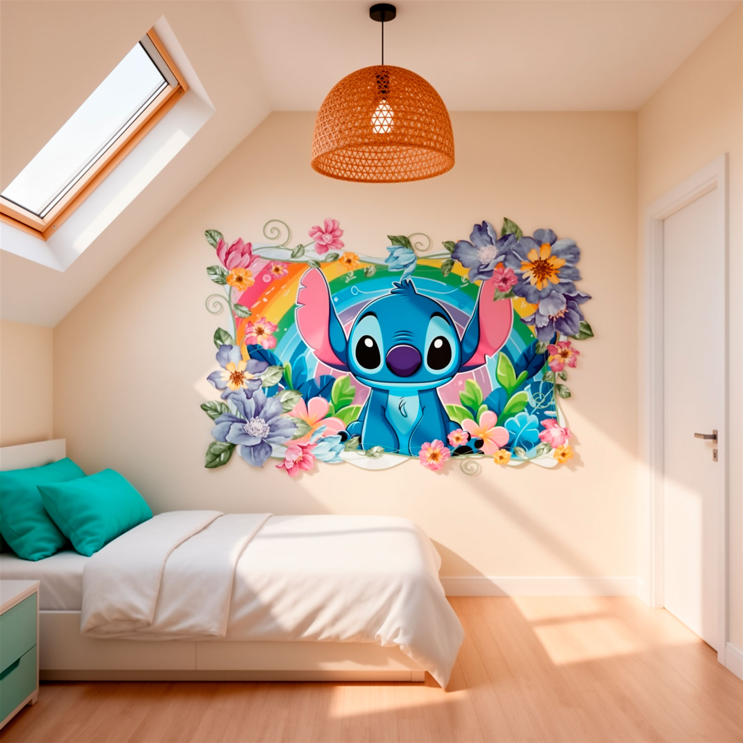 Kinderzimmer Wandtattoo: Stitch Regenbogen & Blumen