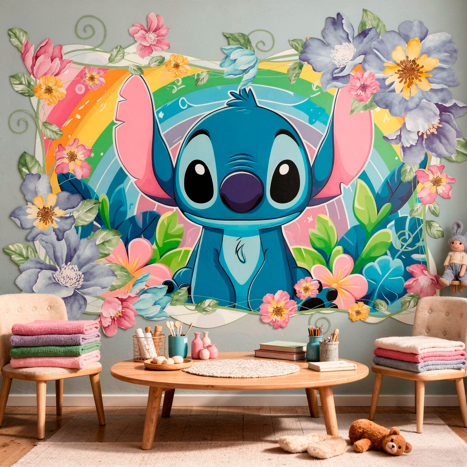Kinderzimmer Wandtattoo: Stitch Regenbogen & Blumen