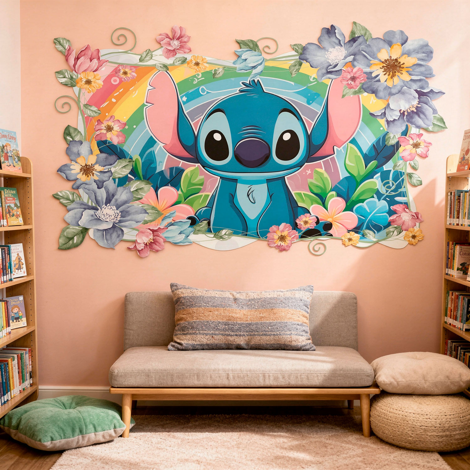 Kinderzimmer Wandtattoo: Stitch Regenbogen & Blumen