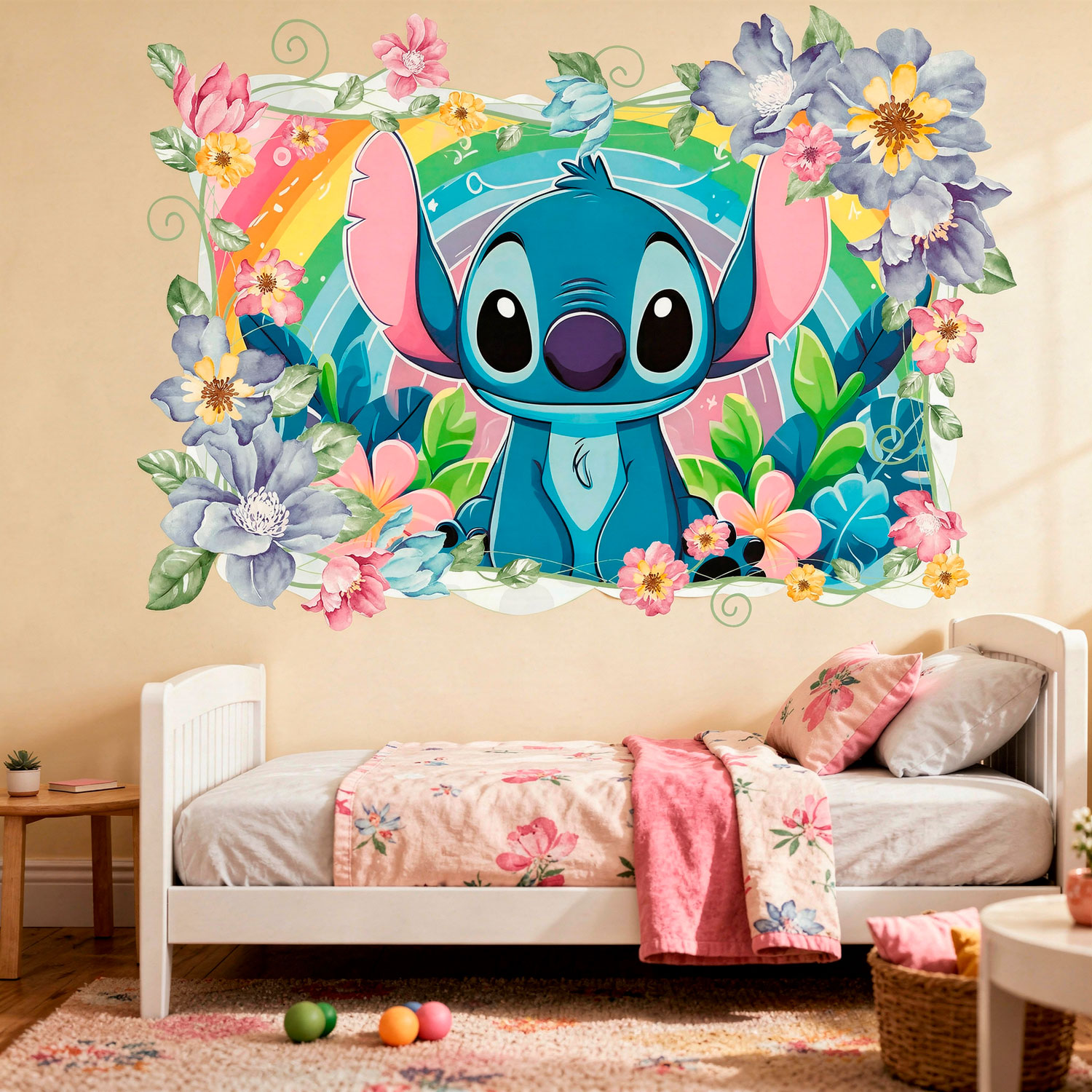 Kinderzimmer Wandtattoo: Stitch Regenbogen & Blumen