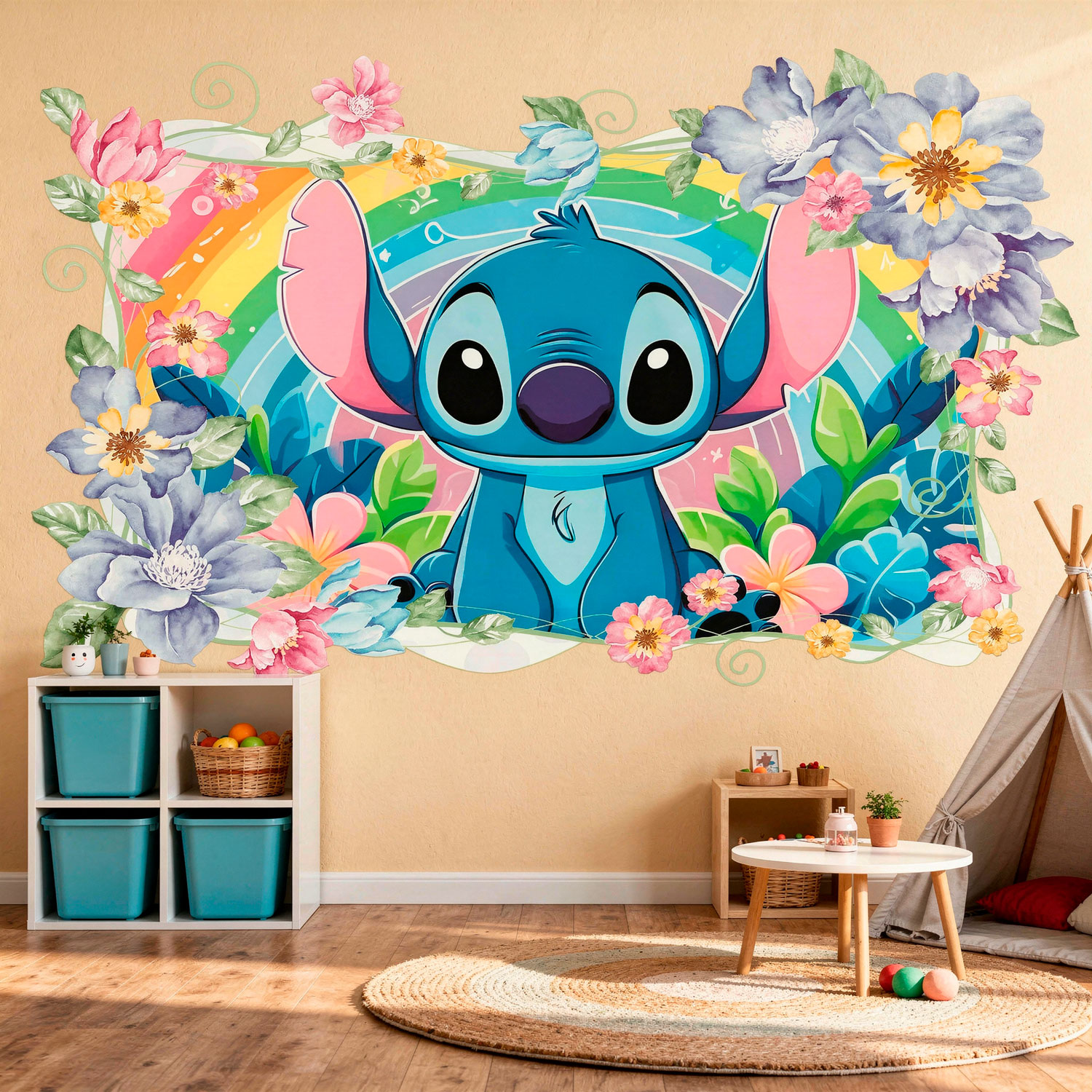 Kinderzimmer Wandtattoo: Stitch Regenbogen & Blumen