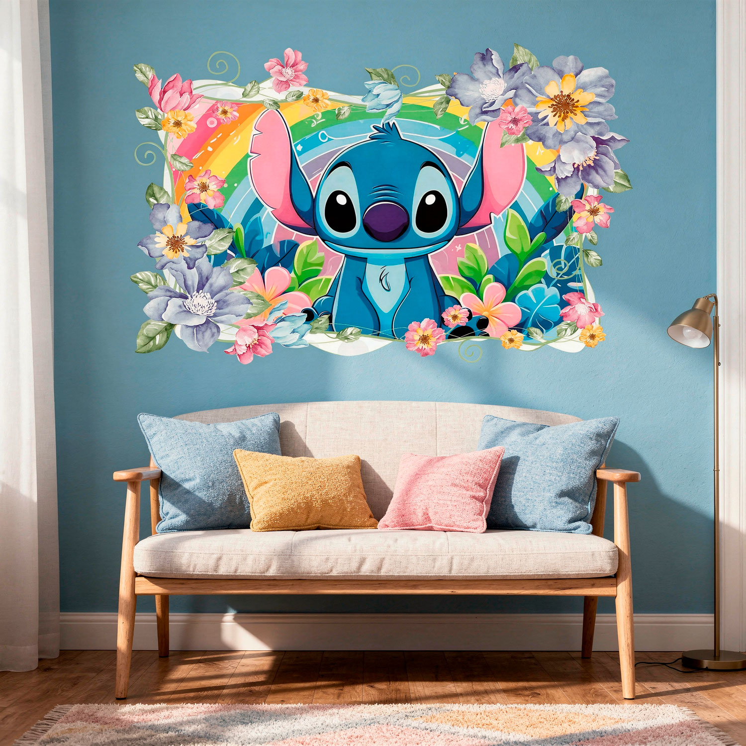 Kinderzimmer Wandtattoo: Stitch Regenbogen & Blumen