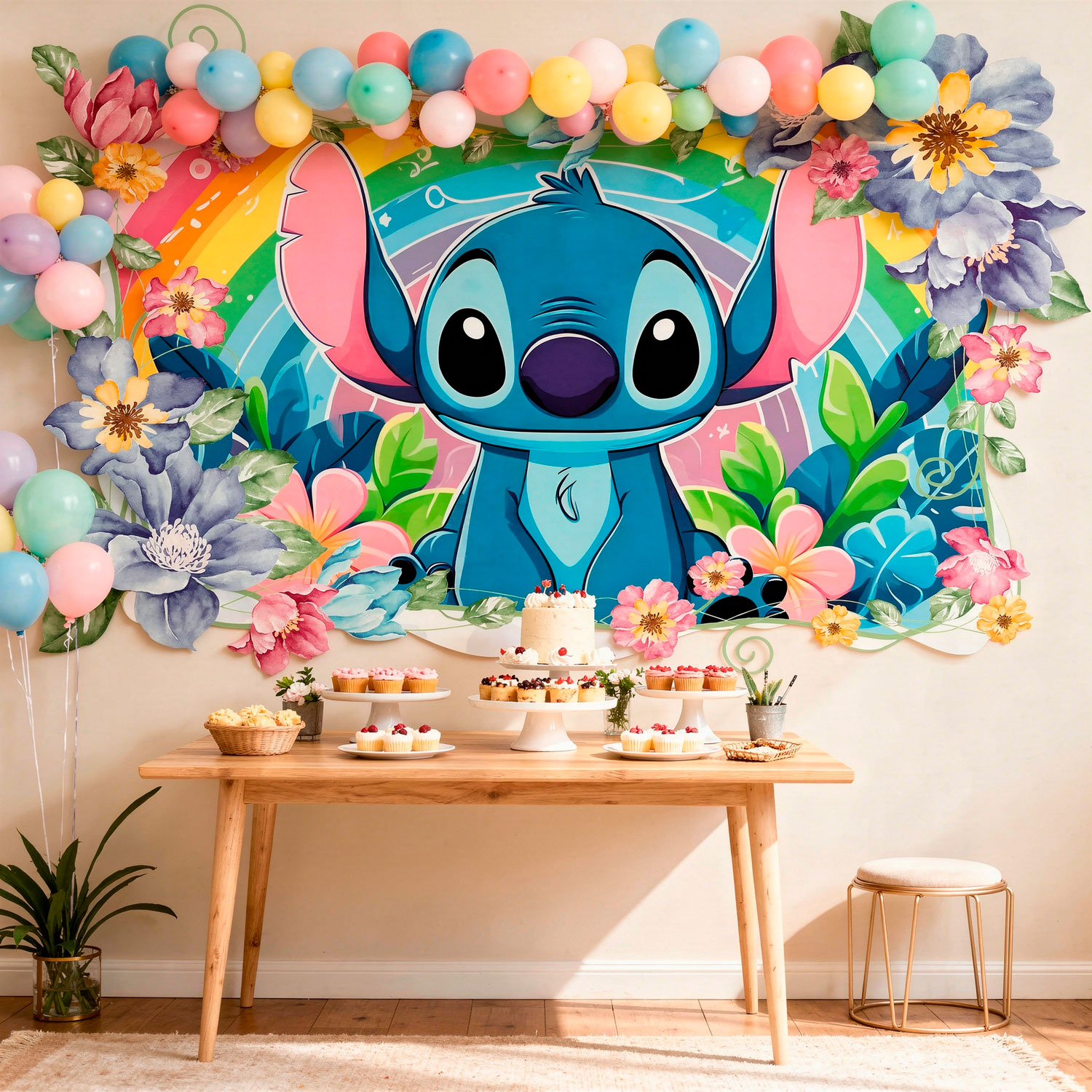 Kinderzimmer Wandtattoo: Stitch Regenbogen & Blumen