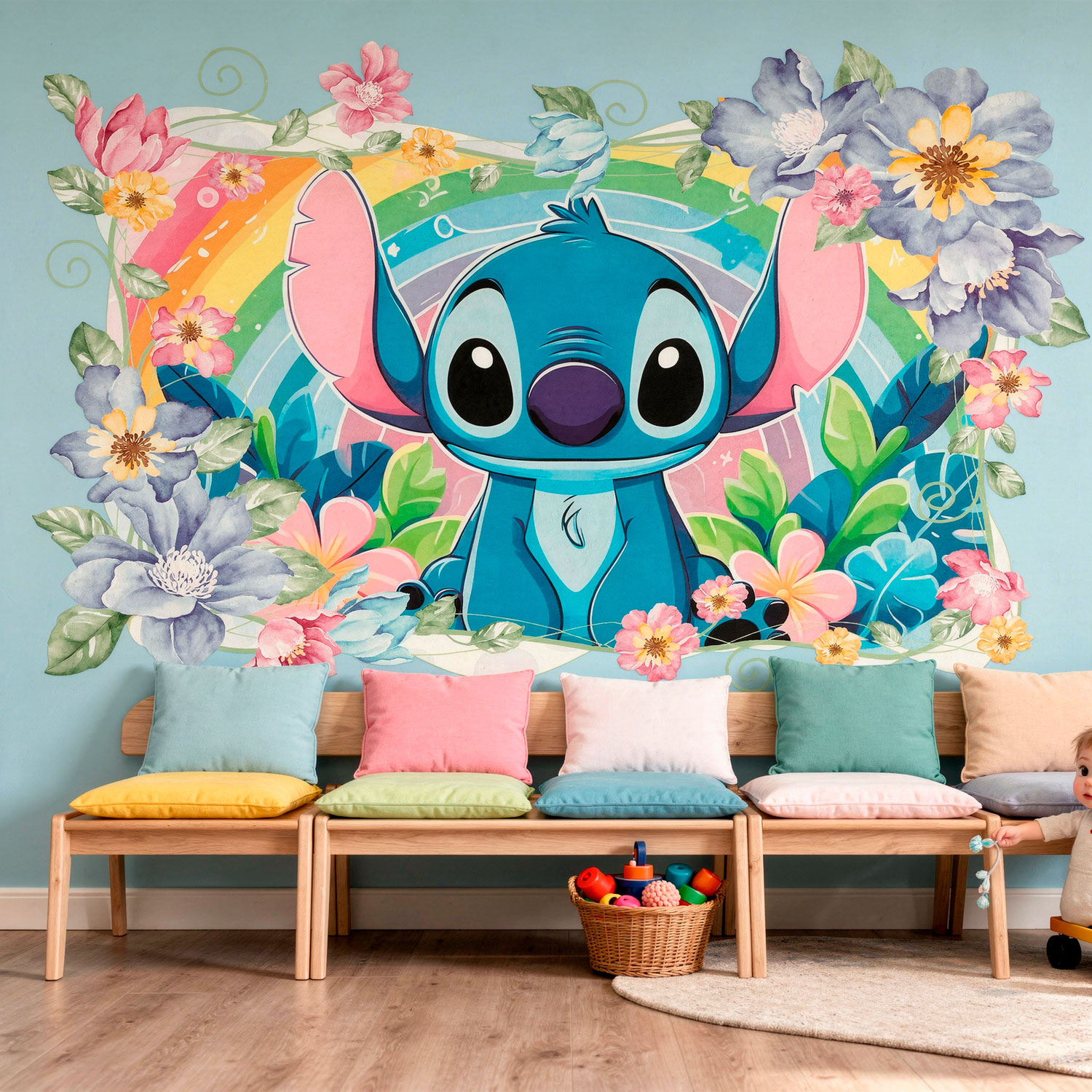 Kinderzimmer Wandtattoo: Stitch Regenbogen & Blumen