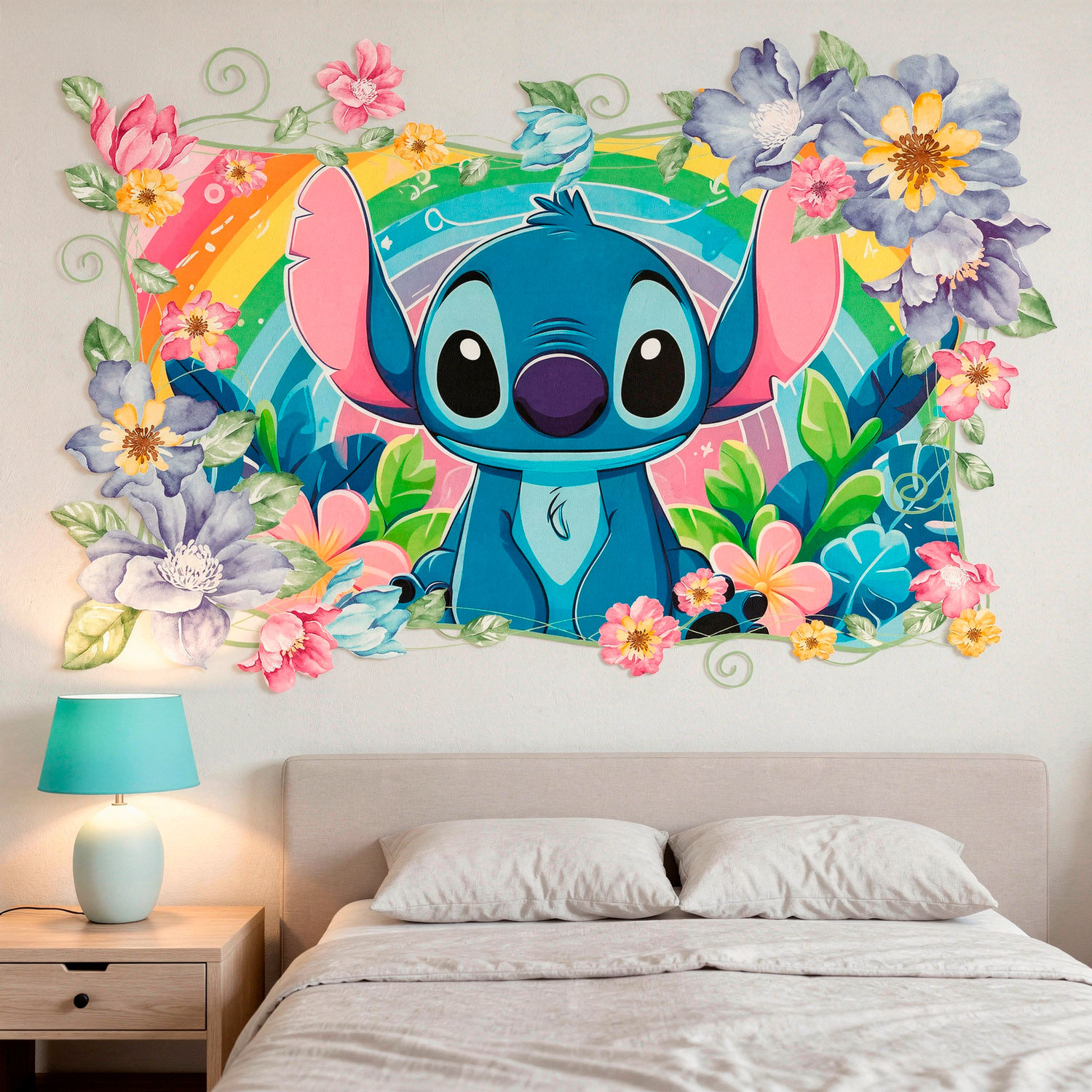 Kinderzimmer Wandtattoo: Stitch Regenbogen & Blumen