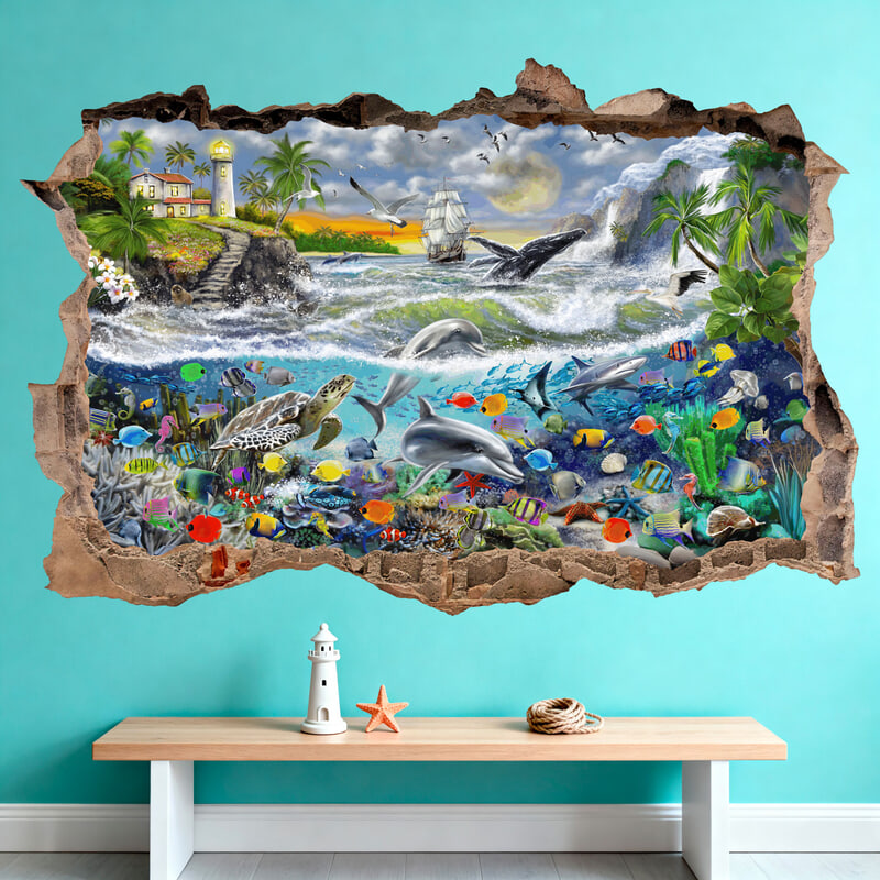 Wandtattoos: Wanddurchbruch Leuchtturm und Meereswelt
