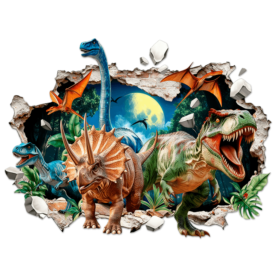 Kinderzimmer Wandtattoo: Wandloch Dinosaurier T-Rex Triceratops und Flugsau